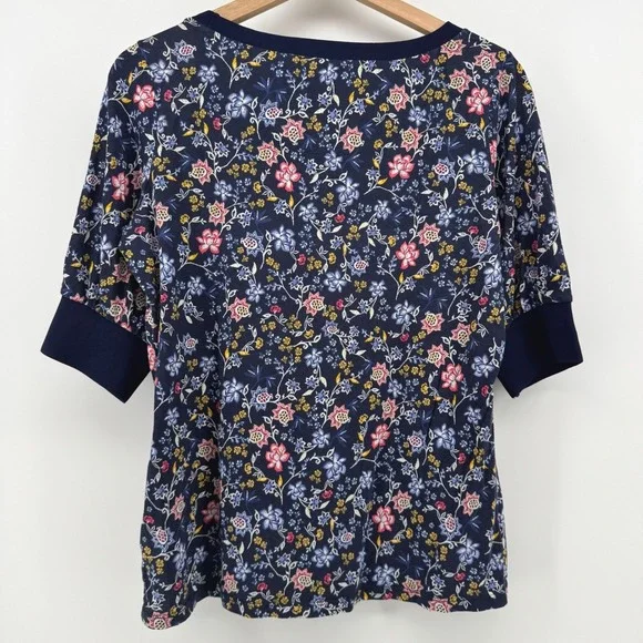 Lauren Ralph Lauren Womens Medium Navy Blue Floral Knit Short Sleeve Top - Picture 3 of 6